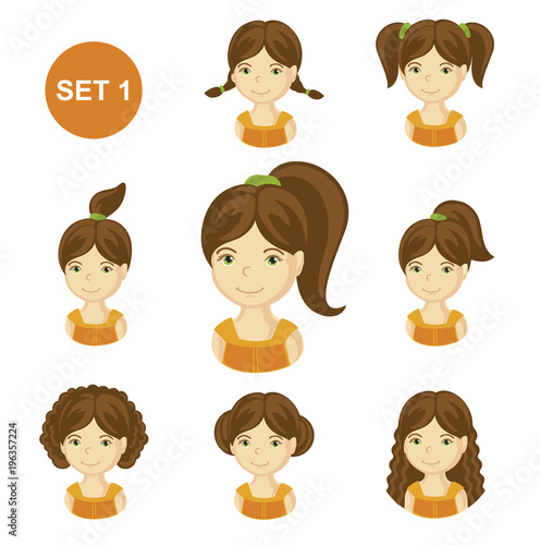 Cute brunet little girls with various hair style. Set of children's faces. Vector illustration.