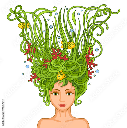 Beautiful young girl with abstract wavy hair. Woman-mermaid. Vector colorful illustration for print. photo