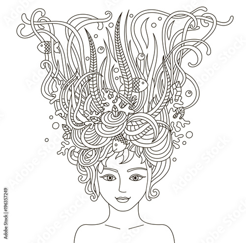 Portrait of beautiful fashion woman with abstract wavy hair be used for coloring book  for adults. Mermaid. Vector illustration