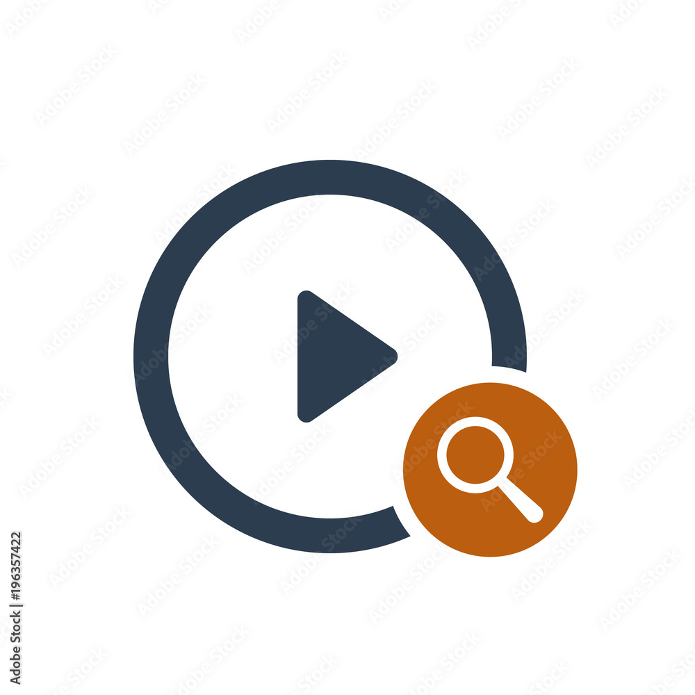 Play button icon with research sign. Play button icon and explore, find, inspect symbol Play button icon with research sign. Play button icon and explore, find, inspect symbol