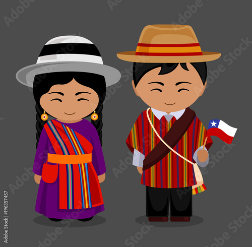 Chileans in national dress with a flag. Man and woman in traditional costume. Travel to Chile. People. Vector flat illustration.