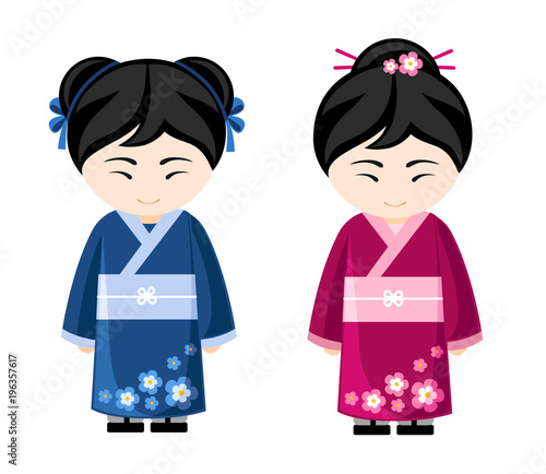 Japanese girls in kimono. Women in traditional clothes, national dress. Travel to Japan. Vector illustration.