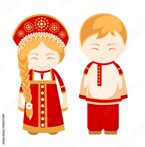 Russian man and woman. People. Russian national costume, national dress and hat, headdress. Vector illustration.