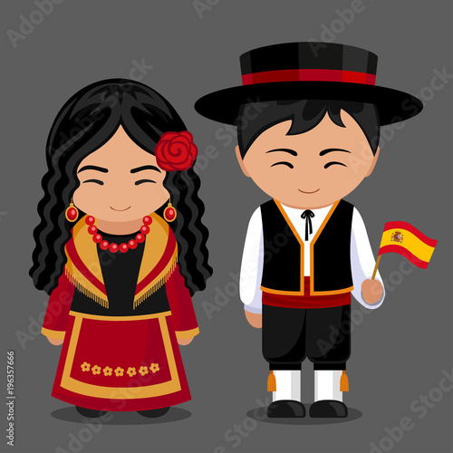 Spanish in national dress with a flag. Boy and girl in traditional costume. Travel to Spain. People. Vector flat illustration.