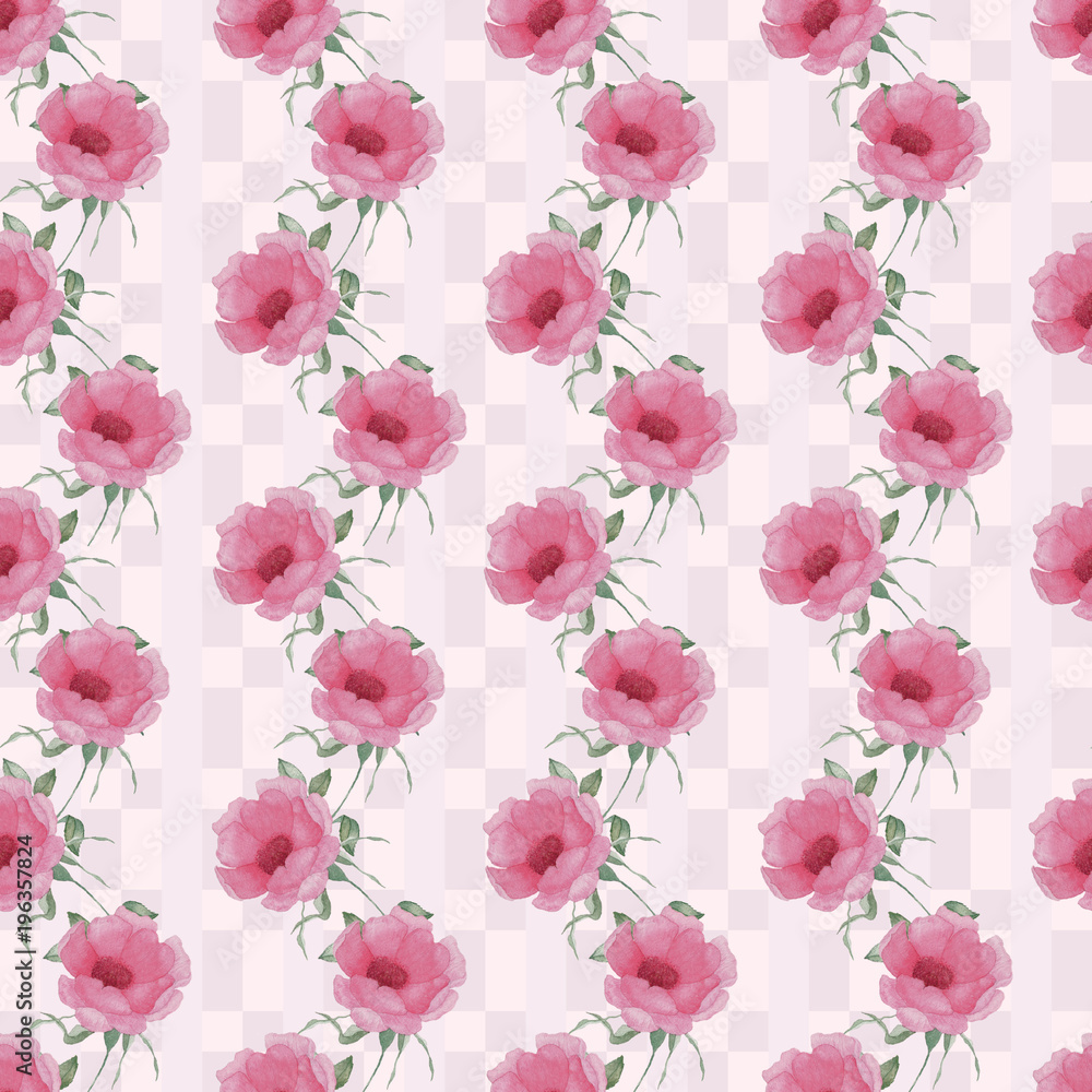 Fototapeta Seamless pattern with pink flowers and leaves on white background, watercolor floral pattern, flower in pink color, flower pattern for wallpaper, card or fabric