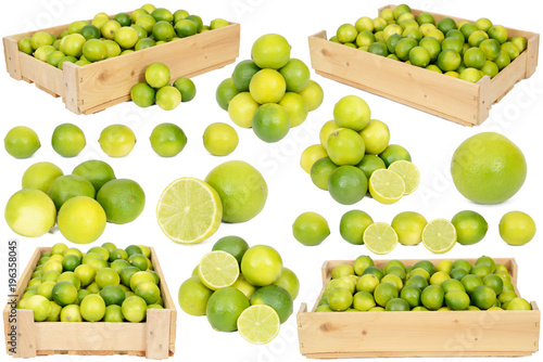 Lime in wooden boxes on white background