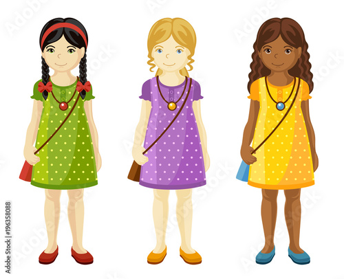Collection of cute little girls with different hairstyles. Blonde, dark-haired girls. Full-length portrait.