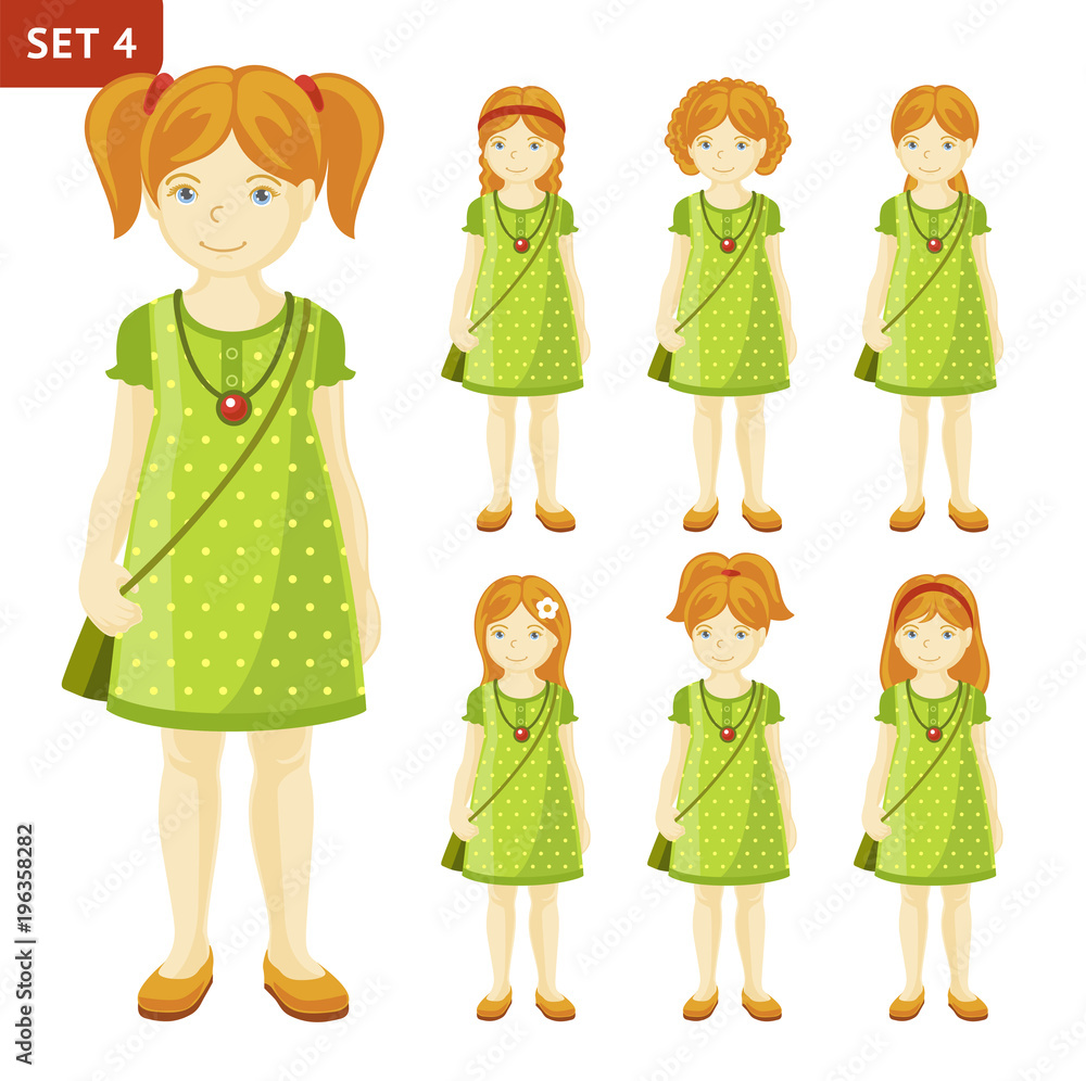 Collection of cute ginger little girls with different hairstyles. Full-length portrait. Set of cartoon characters. Vector illustration. Collection of cute ginger little girls with different hairstyles. Full-length portrait. Set of cartoon characters. Vector illustration.