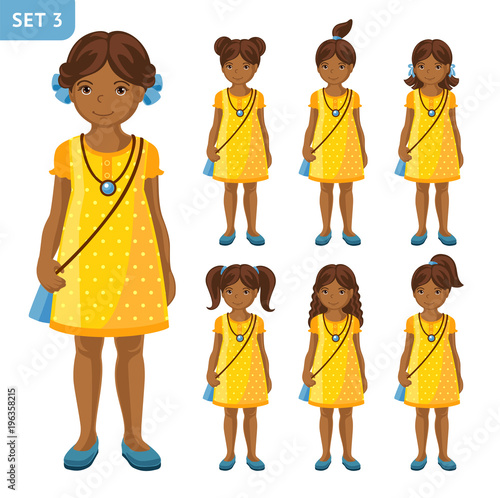 Collection of cute african little girls with different hairstyles, in yellow dress. Cartoon characters. Full-length portrait. Vector illustration.