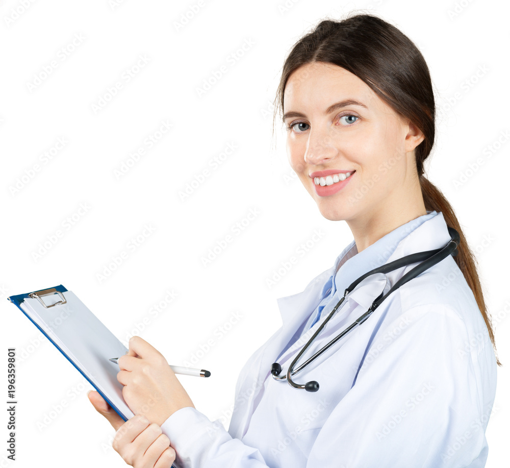 Young beautiful doctor with clipboard isolated on white Young beautiful doctor with clipboard isolated on white
