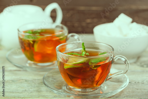 Cup of tea on wooden table