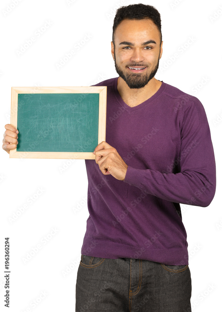 Portrait of a happy afro american man holding blank board isolated on a white background Portrait of a happy afro american man holding blank board isolated on a white background