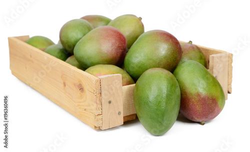 Mango in wooden box on white background