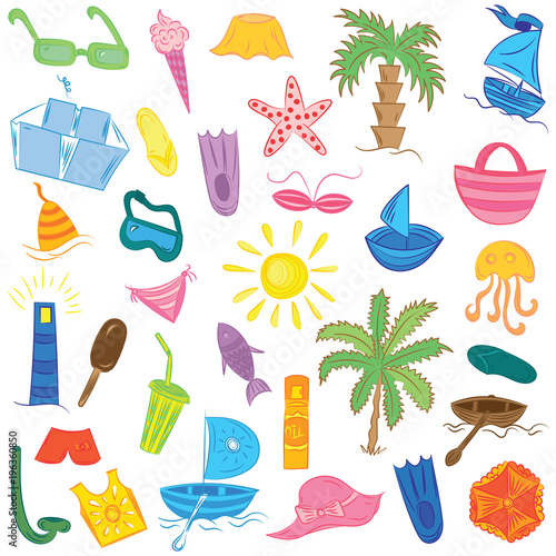 Colorful Drawings of Summer Vacancies Symbols. Doodle Boats, Ice cream, Palms, Hat, Umbrella, Jellyfish, Cocktail, Sun. Vector Illustration.