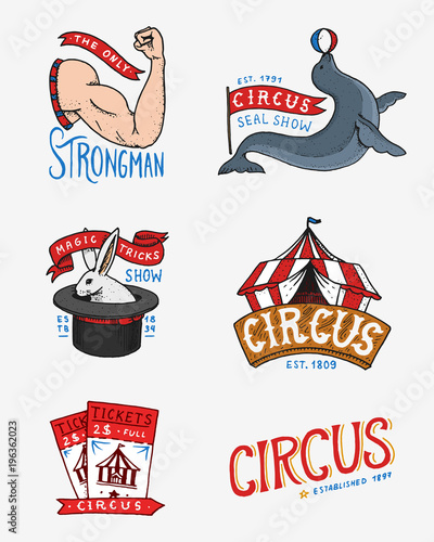 Carnival Circus badge. Banner or poster with animals. strongman and seal, hare in the hat, magic in the tent. festival with actors. engraved emblem hand drawn. theater and marquee.
