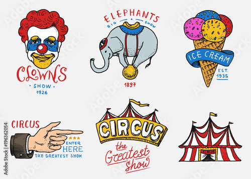 Carnival Circus badge. Banner or poster with animals. clown and elephant, ice cream and focus, magic in the tent. festival with actors. engraved emblem hand drawn. entertainment, theater and marquee.