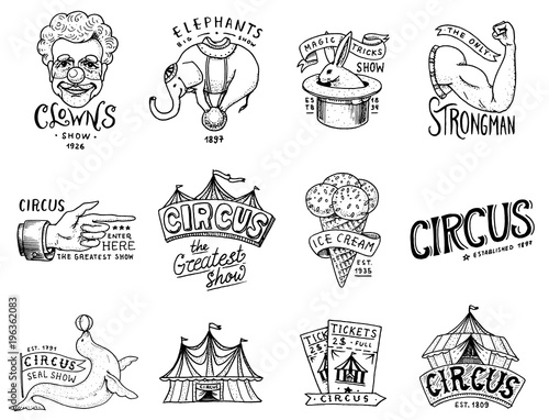 Carnival Circus badge. Harlequin with animals. clown and elephant, ice cream, magic focus in the tent. funnyman funster or freak. festival with actors. engraved emblem hand drawn. theater and marquee. photo