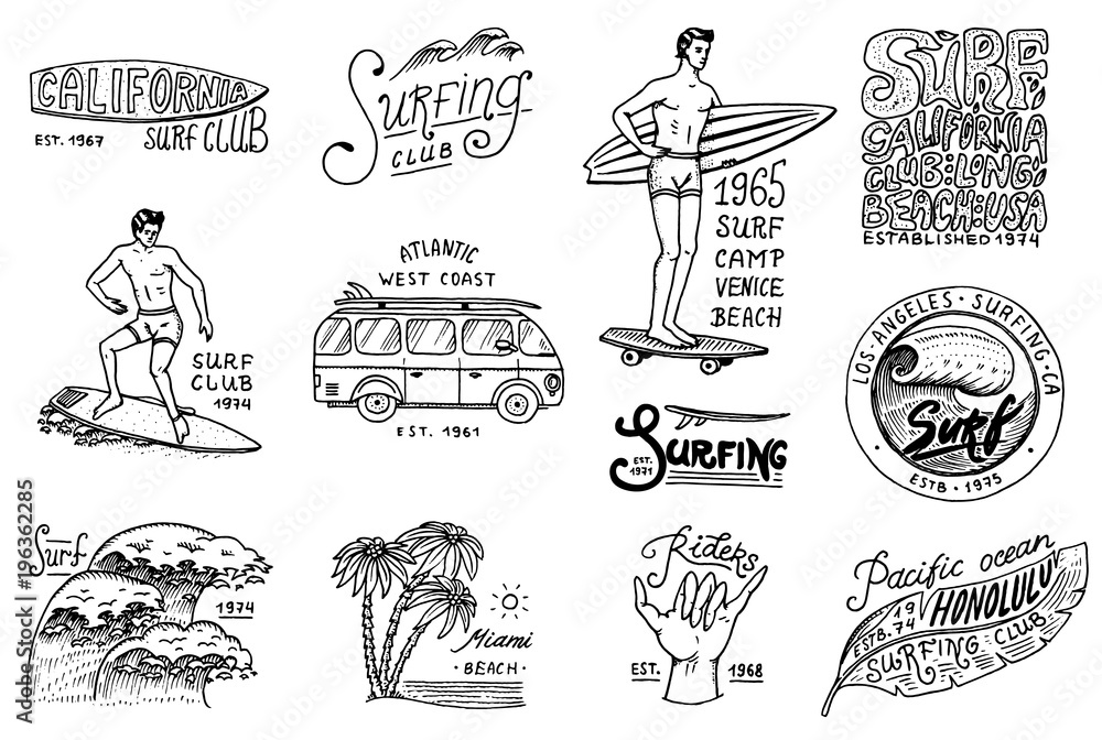 Fototapeta Surf badge and wave, palm tree and ocean. tropics and california. man on the surfboard, summer on the beach and the sea. engraved emblem hand drawn. Banner or poster. sports in Hawaii.