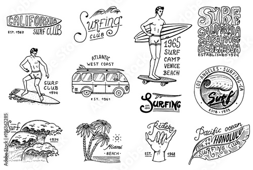 Surf badge and wave, palm tree and ocean. tropics and california. man on the surfboard, summer on the beach and the sea. engraved emblem hand drawn. Banner or poster. sports in Hawaii.