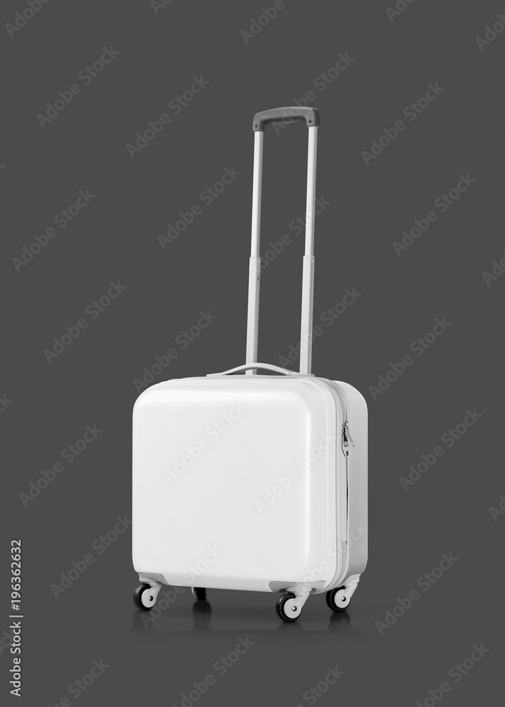 White plastic suitcase or luggage isolated on gray background White plastic suitcase or luggage isolated on gray background