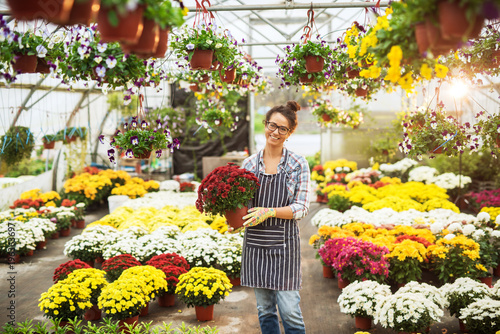 Charming middle age devoted florist woman holding a big pot of red flowers standing in the greenhouse with colourful gloves.