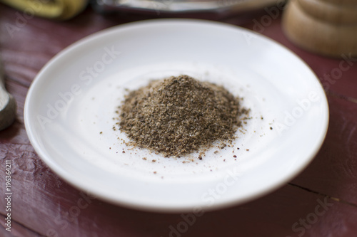 Svan salt - seasoning on a white plate.