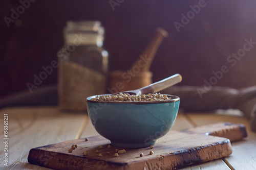 Bowl ceramic filled with buckwheat.