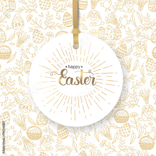 Easter label with hand made trendy lettering "Happy Easter" on seamless pattern with golden paschal symbols in sketch style. Banner, flyer, brochure, postcard, website. 