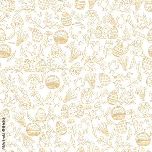 Easter seamless pattern with paschal symbols in sketch style. Layout for holidays. Seamless pattern can be used for pattern fills, wallpaper, web page background, surface textures.