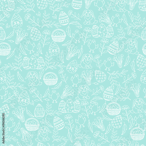 Easter seamless pattern with paschal symbols in sketch style. Layout for holidays. Seamless pattern can be used for pattern fills, wallpaper, web page background, surface textures.