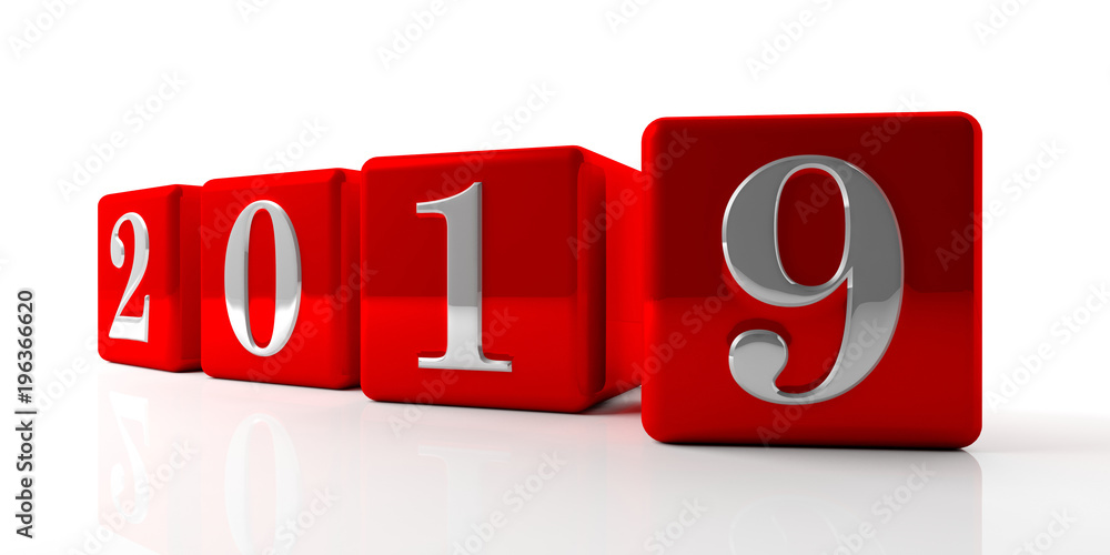 New year 2019 digits on red cubes isolated on white background. 3d illustration New year 2019 digits on red cubes isolated on white background. 3d illustration