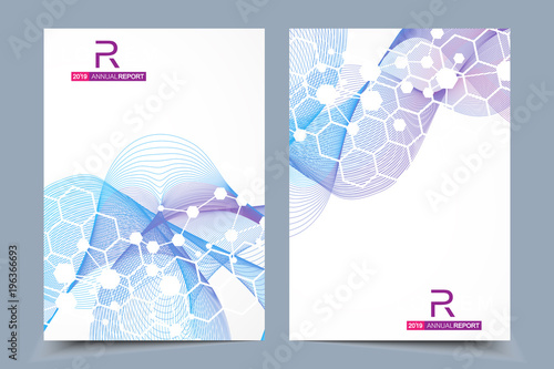 Scientific brochure design template. Vector flyer layout, Molecular structure with connected lines and dots. Scientific pattern atom DNA with elements for magazine, leaflet, cover, poster design.