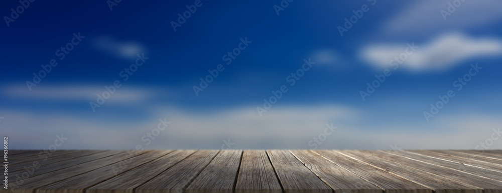 Wooden floor, blue sky at sunrise background, banner, copy space. 3d illustration