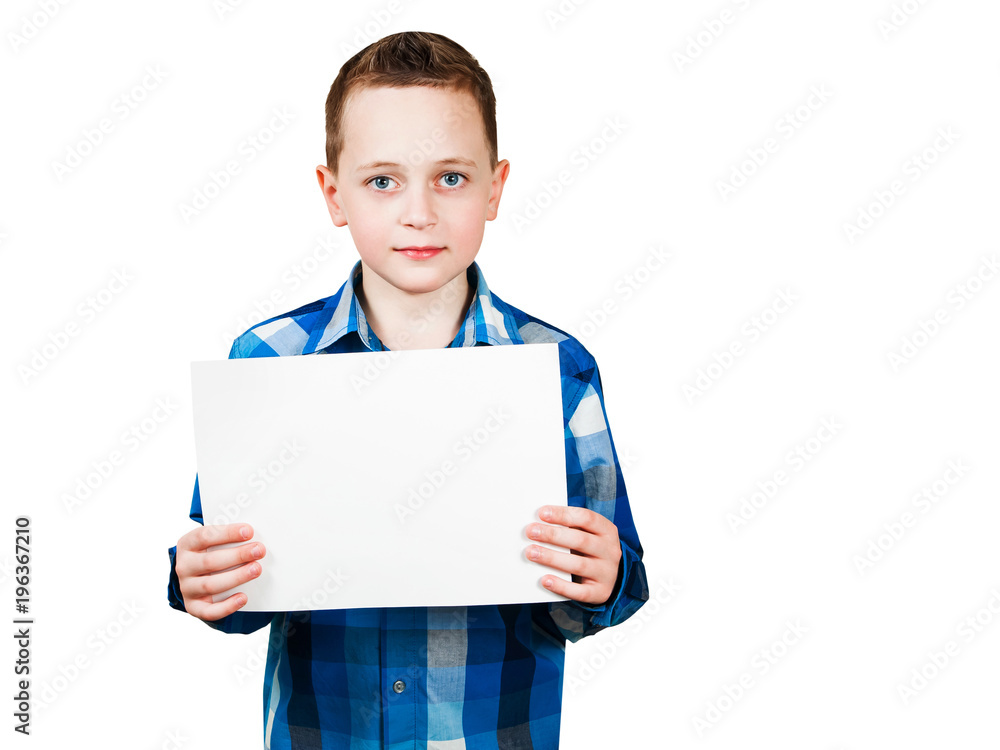 Cute young smiling preschooler boy holding up blank sign with copy space isolated on white Cute young smiling preschooler boy holding up blank sign with copy space isolated on white