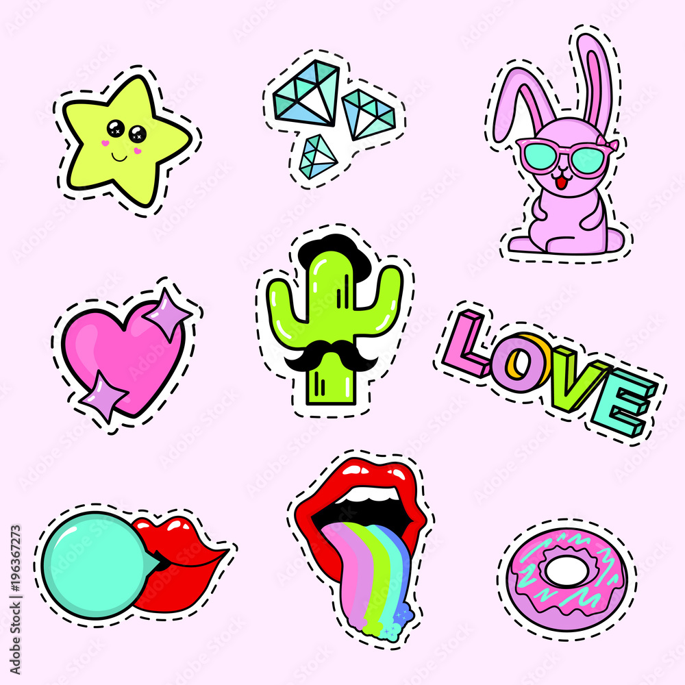 Fashion patch badges with lips, rainbow, glasses, donut, diamond, speech bubbles, love, rabbit, cactus, heart, love and other elements. Very large set of girlish stickers, patches in cartoon isolated