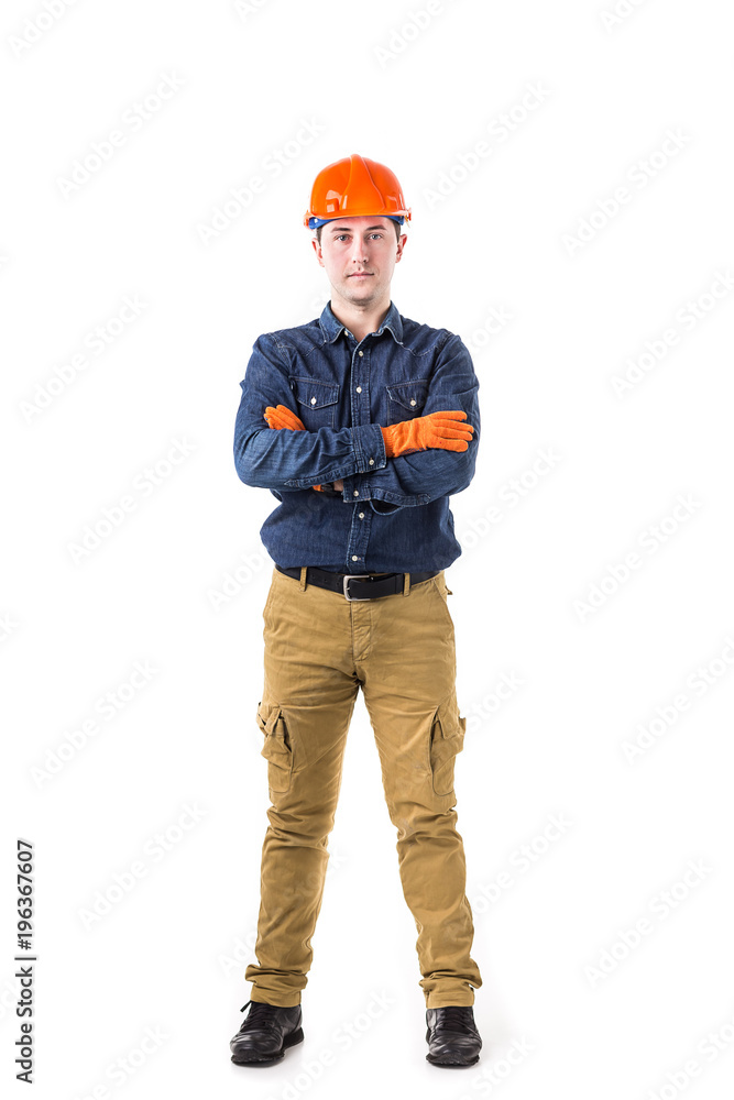 Portrait of smiling repairman (builder) in helmet isolated on white background Portrait of smiling repairman (builder) in helmet isolated on white background