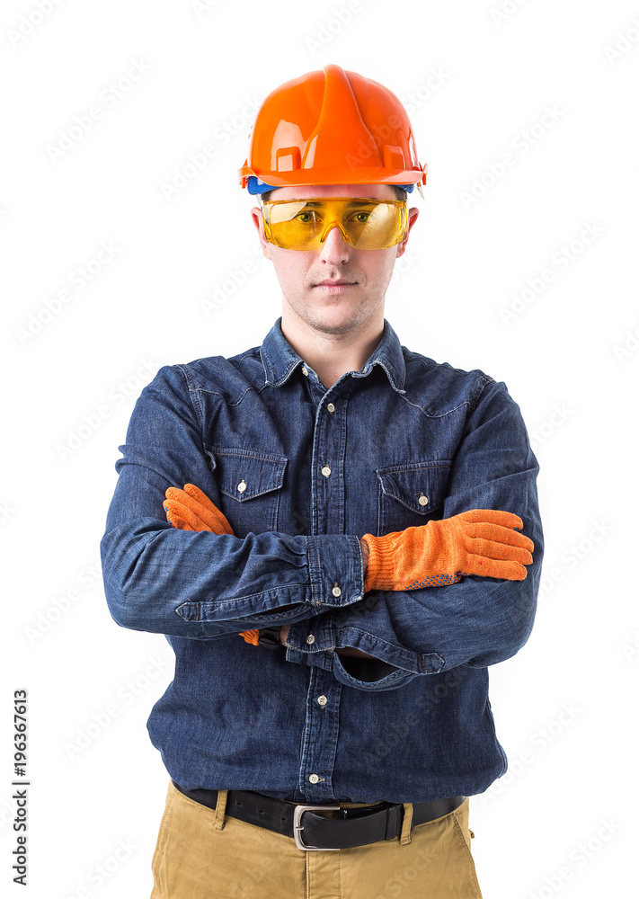 Portrait of smiling repairman (builder) in helmet isolated on white background Portrait of smiling repairman (builder) in helmet isolated on white background