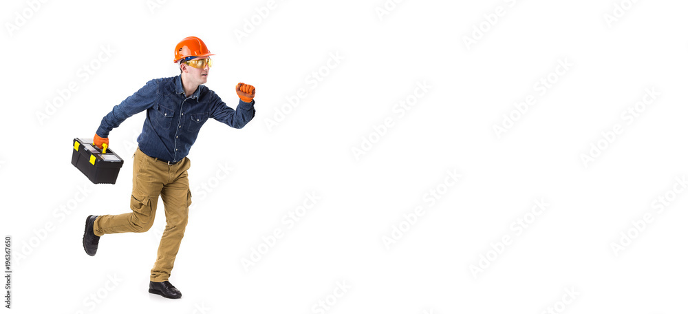Portrait of repairman (builder) in helmet and with tool box in hands isolated on white background Portrait of repairman (builder) in helmet and with tool box in hands isolated on white background