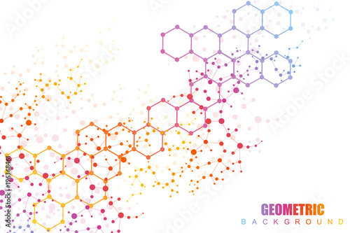 Geometric abstract background with connected line and dots. Structure molecule and communication. Scientific concept for your design. Medical, technology, science background. Vector illustration.