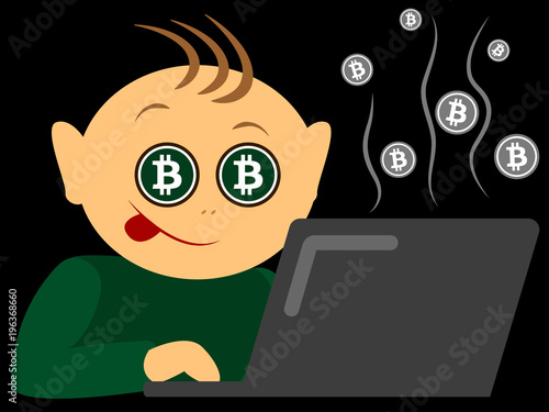 Boy sitting with steaming laptop and bitcoin-eyes