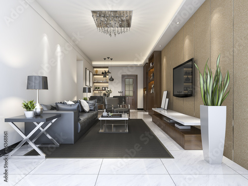 3d rendering luxury and modern living room near kitchen © dit26978