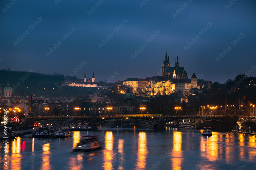 Scenic view of bridges on the Vltava river and historical center of Prague with Prague Castle, buildings and landmarks of old town,Prague,Czech Republic.
