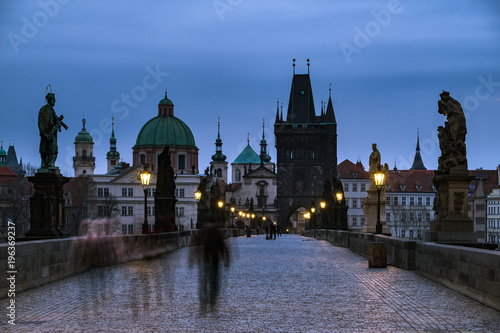 Charles Bridge in Prague, Czech Republic during blue hour. © 1tomm