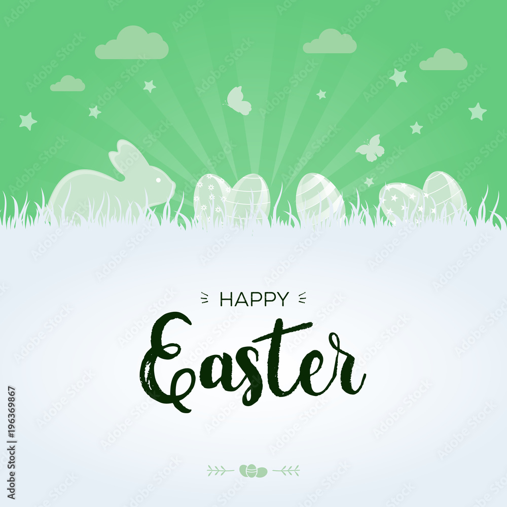 Greetings Happy Easter with easter eggs, bunny and butterflys on a green background Greetings Happy Easter with easter eggs, bunny and butterflys on a green background