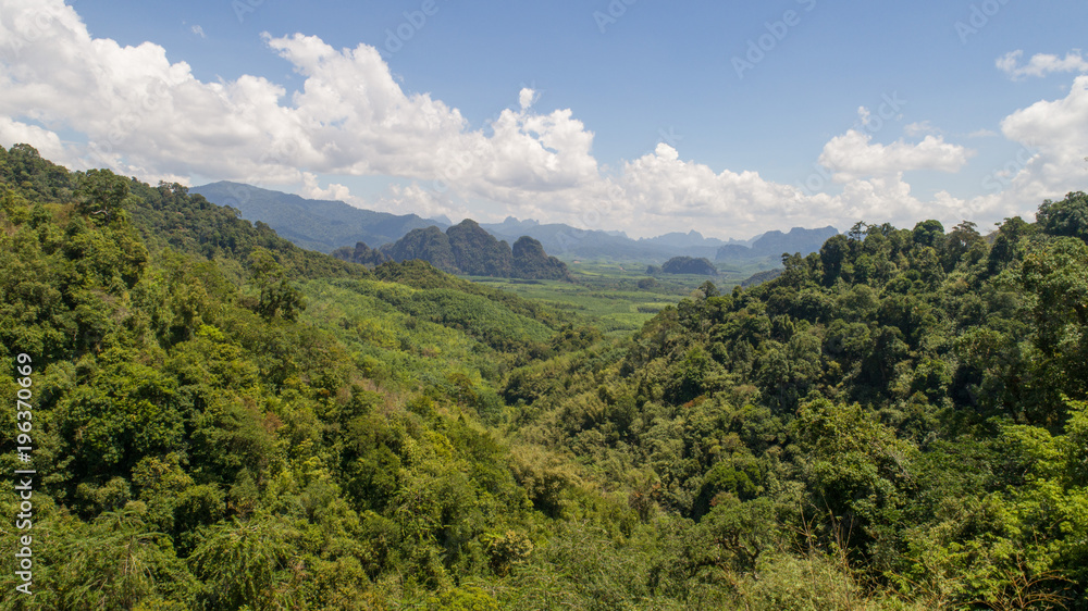 Aerial view of tropical green rain forest landscape in Thailand during sunny summer day Aerial view of tropical green rain forest landscape in Thailand during sunny summer day
