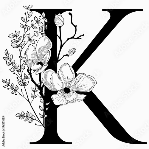 Vector Hand Drawn floral K monogram and logo