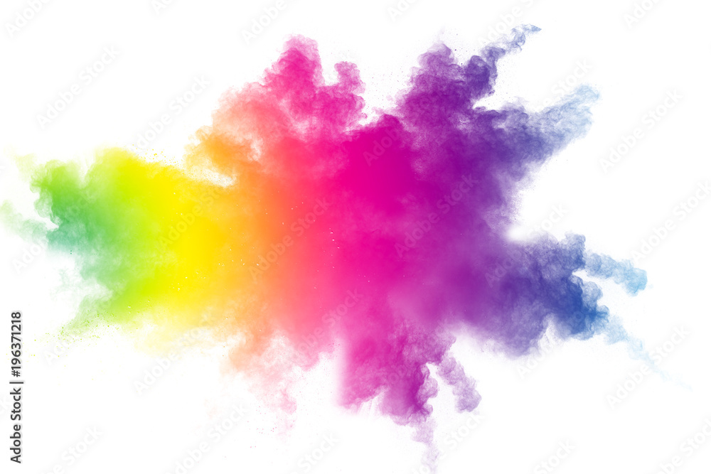 Abstract multicolored powder explosion on white background.  Freeze motion of color dust  particles splash. Painted Holi
