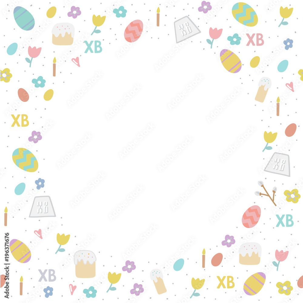 Vector simple background with ornamental eggs , easter cake, willow, candle, tulips. Orthodox Easter holiday colorful background for card, banner, site and wallpapers. Pastel colors. Vector simple background with ornamental eggs , easter cake, willow, candle, tulips. Orthodox Easter holiday colorful background for card, banner, site and wallpapers. Pastel colors.