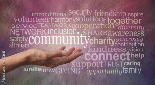 Get involved with your Community Word Tag Cloud - Female open palm hand against rustic stone effect burgundy purple background with the word COMMUNITY floating above surrounded by a word tag cloud
