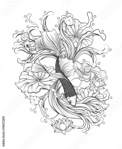 Thai fish with lotus vector on white background